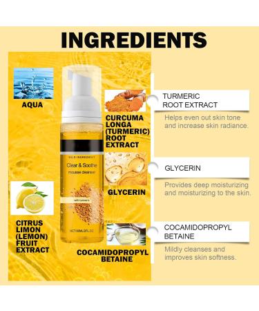 Turmeric Face Cleanser Clear & Soothe Mousse Cleanser Turmeric Cleanser For Gently Cleaning Pores Moisturising Face Wash Women Deep Cleansing Brightening Foaming Cleanser Daily Makeup - 60ml - Buy Online on GoSupps.com