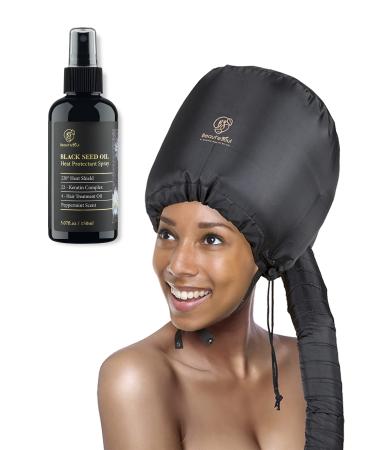 BEAUT'E SEOUL Bonnet Hood Hair Dryer Attachment and Black Seed & Argan Oil Spray Set - Soft Adjustable Large hooded bonnet & Keratin Hair Treatment Leave in Conditioner Spray 5oz