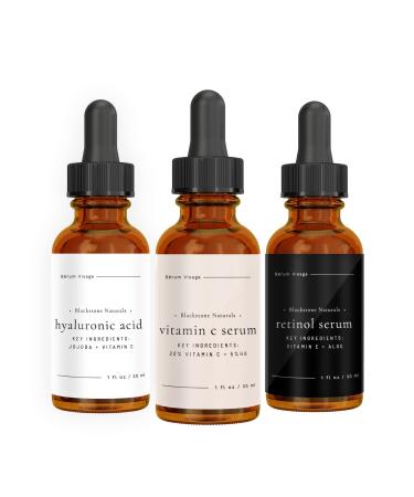 Blackstone Age Defying Facial Serum Set | Vitamin-C Retinol Hyaluronic Acid (3 Pack) for Day and Night Beauty Regimen - All Natural and Moisturizing