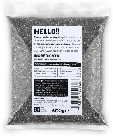 Gorilla Food Co. Whole Dark (Black) Chia Seeds - 400g - Raw Non-GMO - Buy Online on GoSupps.com