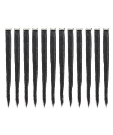 SWACC 12 Pcs Straight One Color Party Highlights Clip on in Hair Extensions Colored Hair Streak Synthetic Hairpieces (Black-1B)