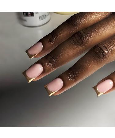 24Pcs French Tips Press on Nails - Glossy Gold French Manicure Acrylic Coffin Full Cover Stick on Nails for Women - Buy Online on GoSupps.com