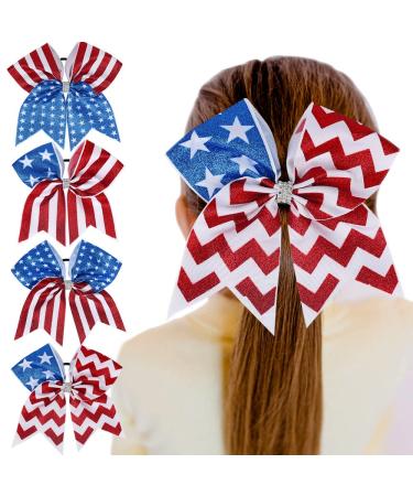 Nishine 4 pcs 8inch Girls American Flag Glitter Ribbon Cheer Hair Bows 4th of July Independence Day Ponytail Holder Hair Ties (Type A-4 pcs)