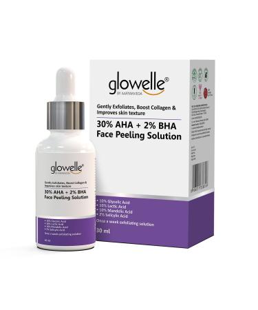 Glowelle 30% AHA and 2% BHA Face Serum Peeling Solution For Mild Exfoliation and Skin Clarity | Men & Women | 30 ML