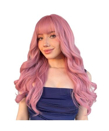 NAYASA Pink Wigs with Bangs - Long Wavy Synthetic Wig for Women - Heat Resistant and Colorful for Daily Party and Cosplay - 22 inches - Buy Online on GoSupps.com
