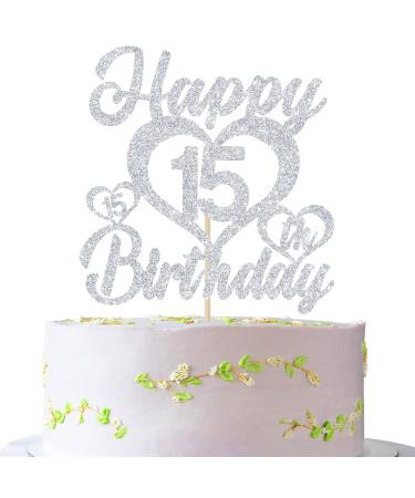 Happy 15th Birthday Cake Topper 15th Cake Topper Happy 15th Birthday Decorations for Boys/Girls Happy Bithday Party Decorations Silver Glitter