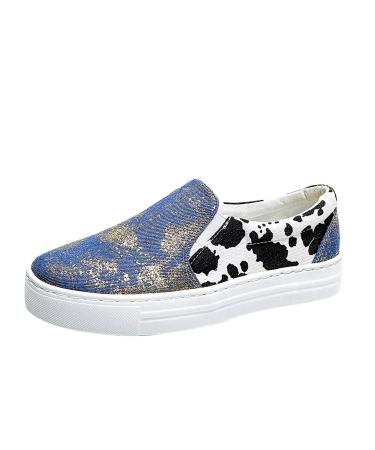 Ladies Fashion Canvas Colorblock Cow Print Overfoot Flat Casual Shoes Womens Shoes Casual Sneakers Restricted 6.5 Blue