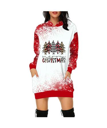 Yihaojia Christmas Sweatshirt for Women Mini Hoodies Dress Cute Snowman Print Loose Xmas Christmas Dress with Pocket Thin Red#239 Large