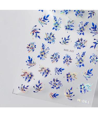 Flower Nail Art Stickers - 5D Embossed Flowers Nail Stickers for Acrylic Nails - Engraved Blue Flowers Gold Line Nail Decals Nail Art Supplies Flower Leaf Spring Summer Nail Transfer Sliders for Women DIY Manicures Style...