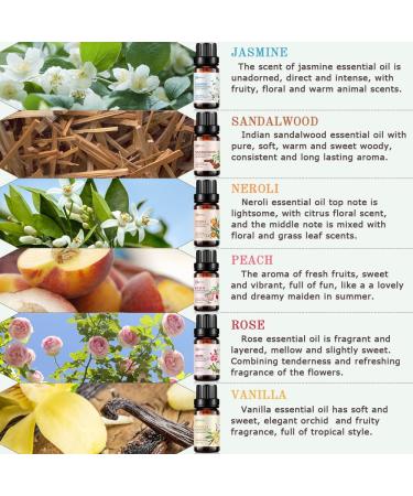Essential Oil Set 6x10ML - 100% Pure Organic Aromatherapy Oils for Diffuser Massage & Spa - Rose Jasmine Sandalwood Vanilla Neroli Peach - Buy Online on GoSupps.com