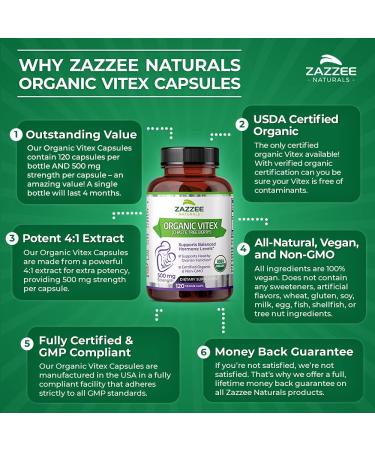 Zazzee USDA Organic Vitex 500mg - 120 Vegan Capsules | Certified Organic, Potent Extract, Non-GMO - Buy Online on GoSupps.com