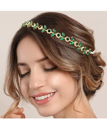 PrettyLife Green Crystal Bridal Headpiece Rhinestone Wedding Headband Gold Hair Accessories for Bride Women (Green)