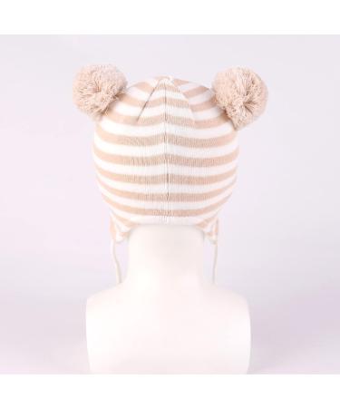 LANGZHEN Toddler Winter Hat | Earflap Knit Beanie for Baby Boys Girls 0-6 Months | Fleece Lined Cap in Beige-Stripe - Buy Online on GoSupps.com