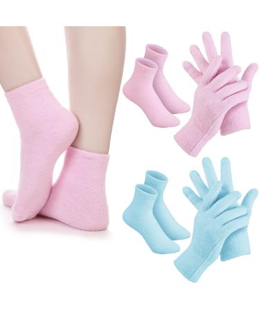 4 Pairs Moisturizing Gloves Socks Set Gel Aloe Gloves Infused Lotion Gloves Heel Socks for Dry Cracked Feet Fuzzy Spa Socks for Women Men