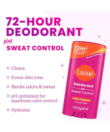 Lume Deodorant Plus Sweat Control - Smooth Solid Stick - Maximum Strength Antiperspirant - 72 Hour Odor And Sweat Control - Baking Soda Free Skin Loving - 2.6 ounce (Clean Tangerine) Pack of 2 - Buy Online on GoSupps.com