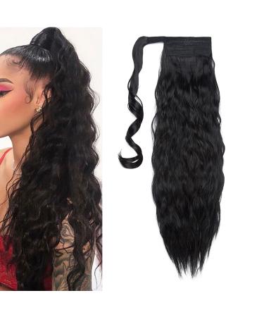 20 Inch Real Long Corn Wave Ponytail Clip in Hair Extensions Magic Paste Wavy Wrap Around Ponytail Hairpiece for Women Dark Black Dark Black 20 Inch