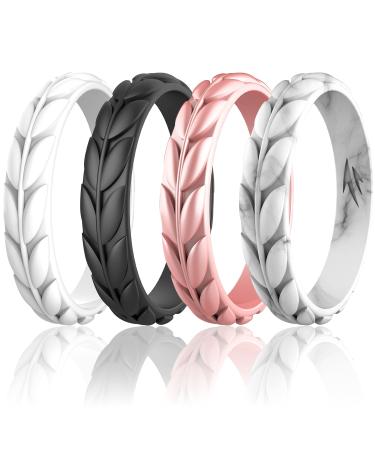 Zollen Silicone Wedding Rings for Women 4/7 Packs -Metallic Stackable Silicone Rubber Wedding Bands -Innovative Vine Collection B: Rose Gold Pearl White Black Marble(gray+white) 4(15.3mm)