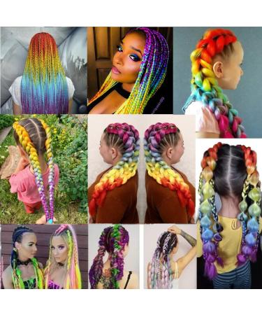 Ombre Rainbow Braiding Hair Extensions 24 Inch - 3 Pack Synthetic Jumbo Braiding Hair for Women - Purple/Blue/Yellow/Orange - High Temperature Twist Crochet Braids - Buy Online on GoSupps.com