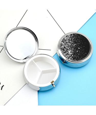 Round Black & White Glitter Pill Box - 3 Compartment Metal Organizer | Portable Decorative Medicine Case - Buy Online on GoSupps.com