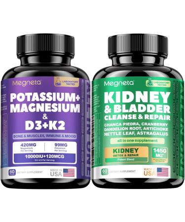 Magnesium Potassium Vitamin D3 K2 10000IU Supplement and Liver & Kidney Cleanse Detox & Repair Support Supplement