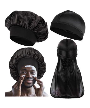 Silk Bonnet for Men Curly Hair Men Bonnet Pack of Silk Sleep Cap Du Rag Wave Caps for Men 360 Matching Durag and Bonnets Set of 3 Set B