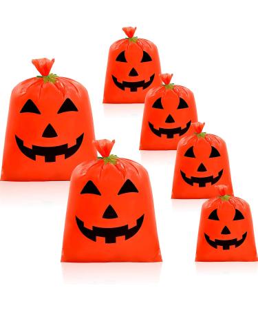 6 Pieces Halloween Pumpkin Leaf Bags Pumpkin Trash Bags with 6 Pieces Green Leaves and 1 Roll of Ribbon for Outdoor Fall Trash Bag Halloween Decoration, 30 x 24 Inch and 48 x 36 Inch