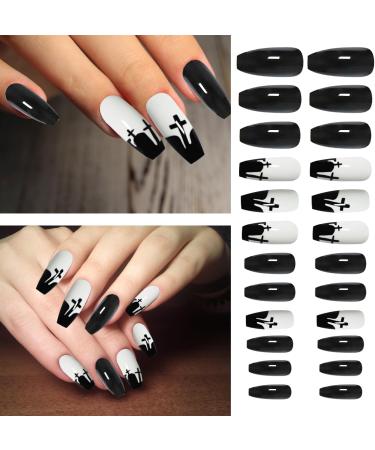 CHEERYMAGIC Halloween Fake Nails Long Black French Press on Nails with Patterns Acrylic Coffin Crucifixion False Nails for Women Girls Nail Art Cosplay Decoration A6-HBSZJJP - Buy Online on GoSupps.com
