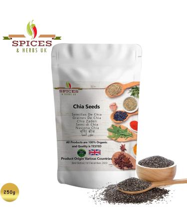 Organic Chia Seeds - Premium Quality by Spices&herbsuk - High Protein Omega-3 Fibre - Raw Black - 250g Pack - Ideal for Diets, Salads & Breakfast - Buy Online on GoSupps.com