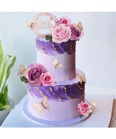 19 PCS Flower Cake Toppers | Butterfly Cake Decorations | Happy Birthday Toppers with Artificial Roses and Eucalyptus | Wedding Baby Shower Supplies (Purple) - Buy Online on GoSupps.com