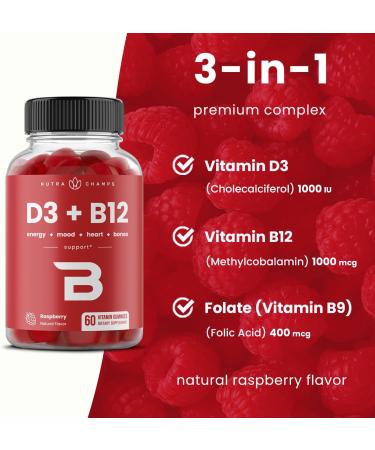 NutraChamps Vitamin D3 & B12, Methyl B12 Gummies for Adults & Kids, Enhanced with Vitamin D 3 & B9 Vitamin Folate, Natural Energy, Mood, Metabolism & Focus, Raspberry, 120 Gummies (Pack of 2) - Buy Online on GoSupps.com