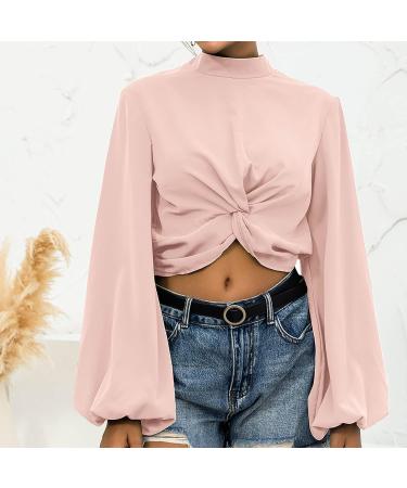 Trendy Lantern Sleeve Women's Pullover Shirt - Loose Fit Knot Front Turtleneck Sweatshirt in Solid Color - Large - A01 Pink - Buy Online on GoSupps.com