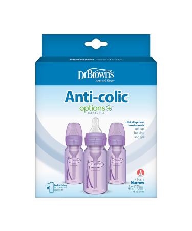Dr. Brown's Natural Flow Anti-Colic Options+ Narrow Baby Bottles 4 oz/120 mL - 3 Pack, Level 1 Slow Flow Nipple, Lavender Purple - Buy Online on GoSupps.com