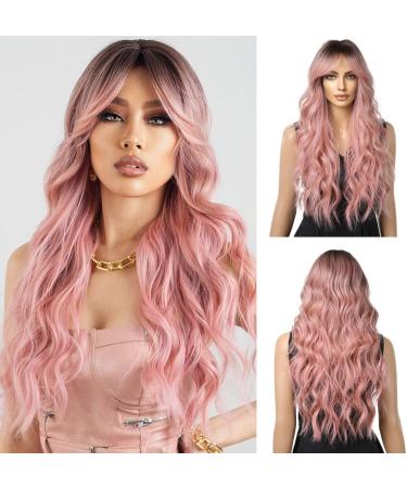 Esmee Long Wavy Pale Pink Wig For Women Bangs Wig Curly Synthetic Hair Natural Looking Heat Resistant Fiber For Daily Party Cosplay Wear