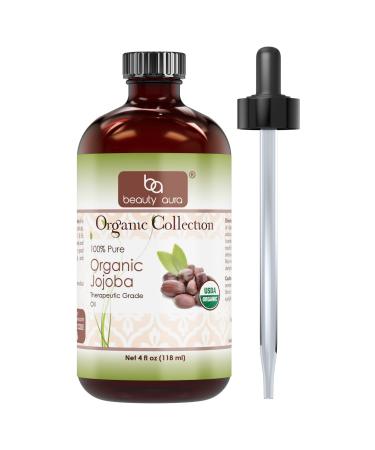Beauty Aura Organic Jojoba Oil - 4 fl oz (118 ml) - USDA Certified Organic - for Healthy Hair Skin & Nails.