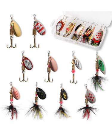 10pcs Fishing Lure Spinnerbait, Bass Trout Salmon Hard Metal Spinner Baits Kit with Tackle Boxes