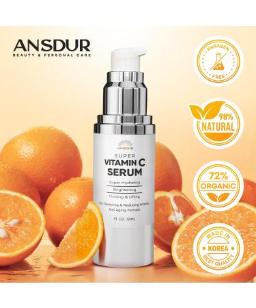 ANSDUR Super Vitamin C Serum for Women 70+: Anti-Aging Hydrating Face Serum with Niacinamide Bakuchiol & Hyaluronic Acid - Korean Skincare 1 fl oz - Buy Online on GoSupps.com