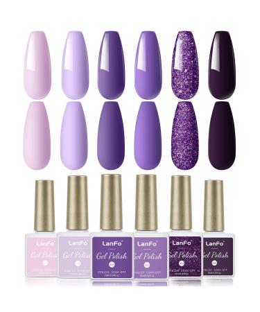 LanFo Purple Glitter Gel Nail Polish Set  6 Colors Gel Polish Set Purple Gel Nail Polish UV LED Soak Off DIY Nail Art Manicure at Home