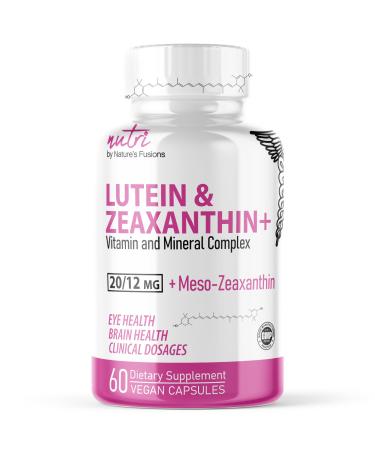 Nutri Lutein 20mg Eye Vitamins Complex - Triple Carotenoid Formula - Lutein and Zeaxanthin Supplements - Contains Zinc Vitamins A C D3 E Folate - 60 Capsules - Eye Health Supplements 60 Count (Pack of 1)