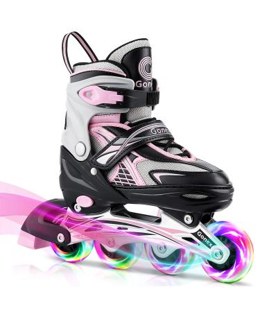 Gonex Inline Skates for Girls Boys Kids, Adjustable Skates Outdoor Blades Inline Roller Skates for Children Teens Women with Light Up Wheels for Indoor Outdoor Backyard Skating A-Pink L - Youth (4Y-7Y)