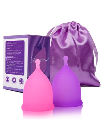 Menstrual Cups, Set of 2 Reusable Period Cups Kit for Girls & Women, Silicone Soft Cups Menstrual Organic Cups, Medical-Grade Silicone + 1 Storage Bag (1 Small & 1 Large)