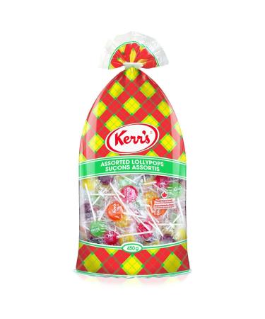 Kerr's Assorted Lollypops with 7 Different Flavors of Blue Raspberry Lemon Lime Cherry Grape and Liquorice Proudly Made in Canada (1 - Bag) 450 g (Pack of 1)