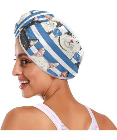 Blue White Striped Cat Hair Towel 2 Pack - Super Absorbent Quick Dry Turbans for Women & Girls - Buy Online on GoSupps.com