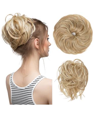 CJL HAIR Messy Bun Hair Piece Straight Fake Bun Scrunchies High-Temperature Fiber Synthetic Fully Dirty Blonde Short Ponytail Extension Instant Updo Donut Chignons Elastic Scrunchy Hairpiece for White Women Girls