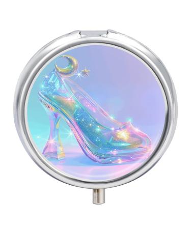 Pill Box Pill Case 3 Compartment Travel Pill Box Star Glass Slippers Printing Small Pill Box Portable Medicine Pill Case Pill Organizer for Purse & Pocket for Travel Handbag (Round)