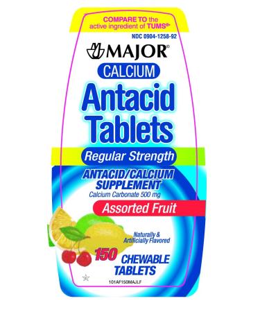 Major Calcium Antacid Chewable Assorted Fruit Flavor Tablets Regular Strength 150 Per Bottle (Pack of 5)