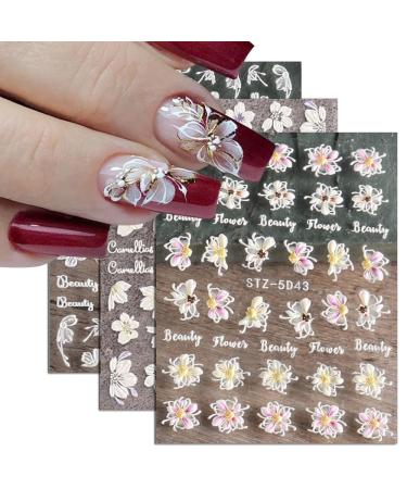 Flower Nail Art Stickers Acrylic 5D Hollow Exquisite Pattern Nail Decals Nails Art Supplies Gradient Pink White Floral Lace Manicure Nail Art Decoration Self-Adhesive Nails for Women Girls(4 Sheets) A2 Flower