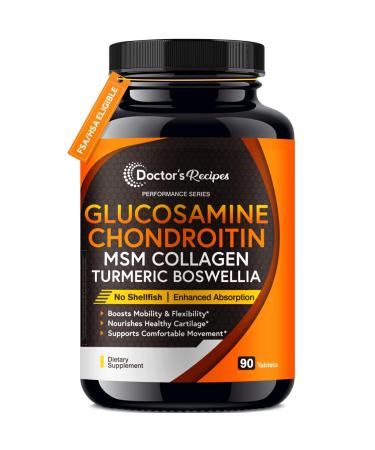 Doctor's Recipes Glucosamine Chondroitin MSM Turmeric Quercetin, with Black Pepper for High Absorption, No Shellfish, 90 Tablets