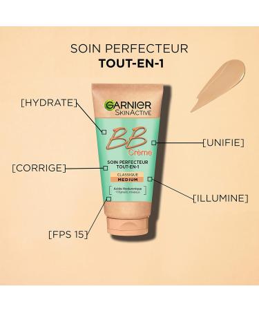 GARNIER Skin Active - BB Cream - All-In-1 Perfecting Treatment - Unifies Mattifies & Hydrates - SPF 25 - Hyaluronic Acid & Aloe Vera - Vegan & Cruelty Free - Combination to Oily Skin - Medium Shade - 50 ml - Buy Online on GoSupps.com