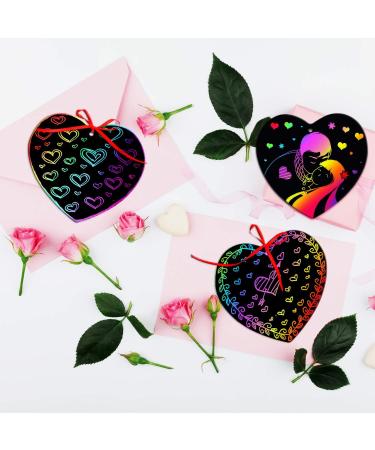Valentine Crafts Scratch Paper Ornaments Kit - 60 Heart Shapes with Rainbow Scratch Art, Includes 10 Wooden Styluses and 60 Ribbons for DIY Decorations - Buy Online on GoSupps.com