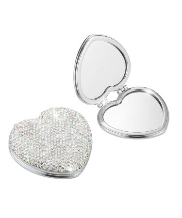 AsAlways Rhinestone Compact Pocket Mirror Portable Travel Cute Cosmetic Mirror Folding Handheld Double-Sided 1x/2x Magnifying Purse Mirror(Silver)